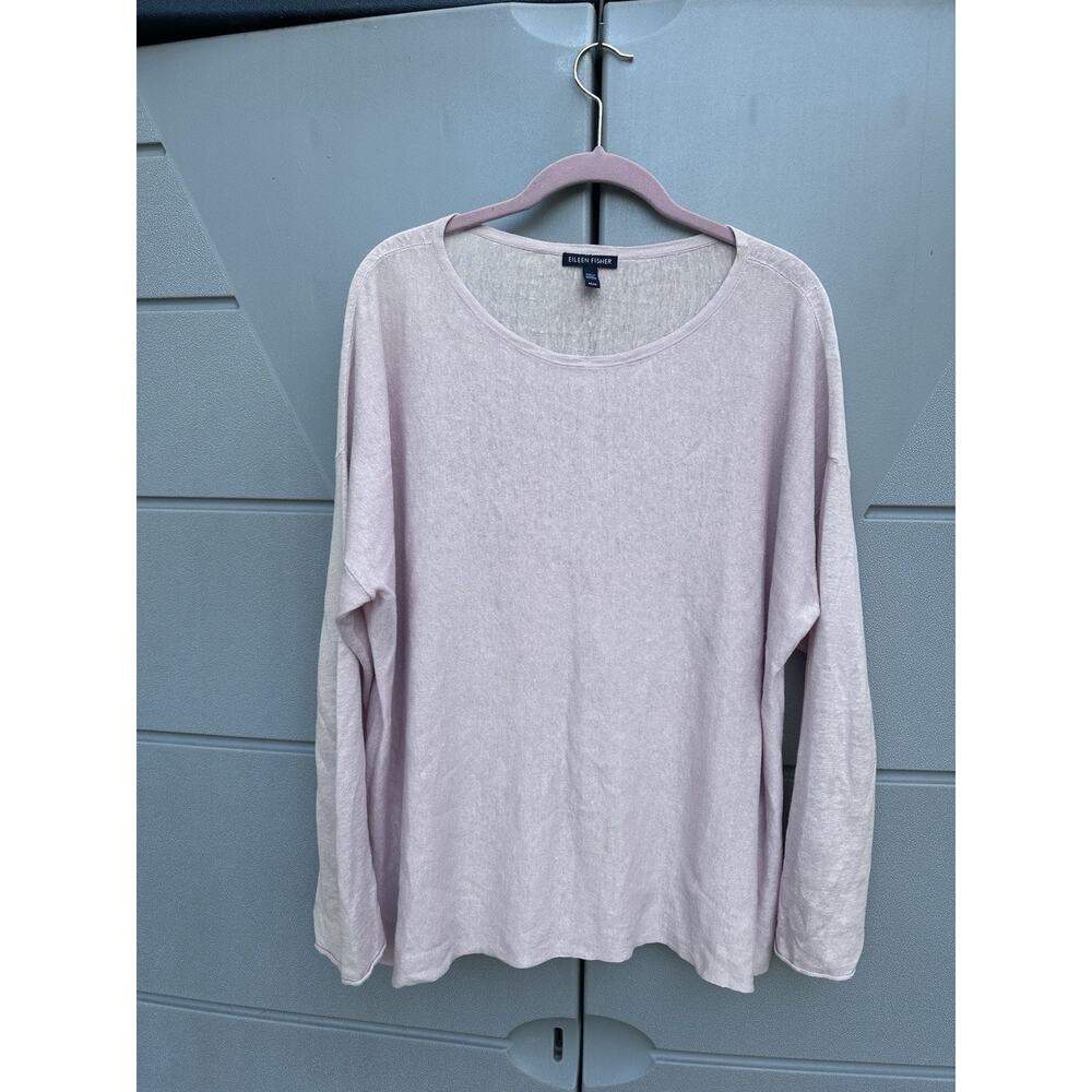 Eileen Fisher Organic Linen Cotton Jewel Neck Boxy Top sz M In Light Pink